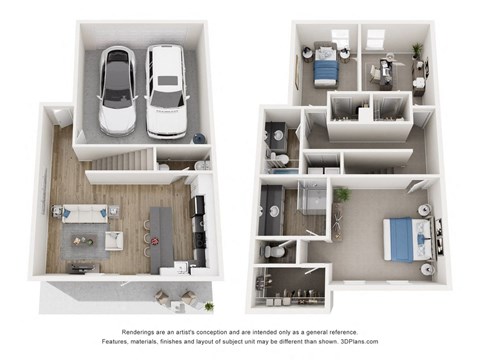 Floor plan for 2 beds, 2.5 baths, 1267 sqft
